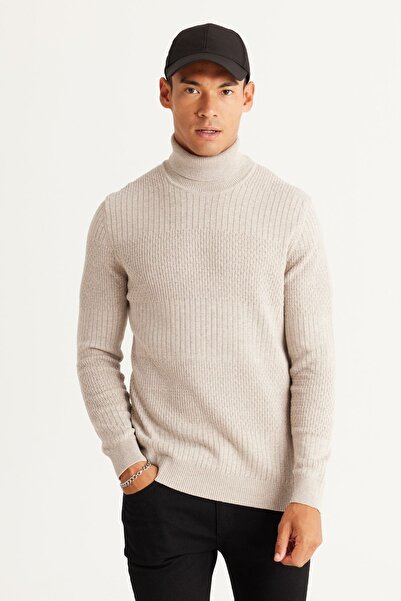 AC&Co / Altınyıldız Classics Men's Beige Melange Standard Fit Regular Cut Full Turtleneck Cotton Jacquard Knitwear Sweater