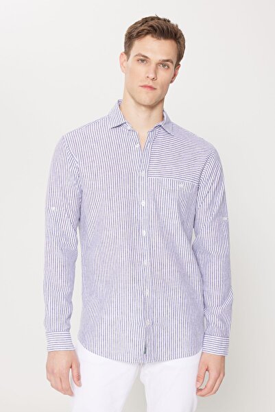 AC&Co / Altınyıldız Classics Ανδρικό ριγέ πουκάμισο σε μπλε-λευκό λινό Comfort Fit Classic γιακά