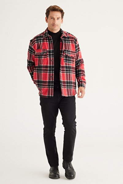 AC&Co / Altınyıldız Classics Férfi vörös-fekete túlméretes bő vágású gombos gallérral kockás téli ingkabát