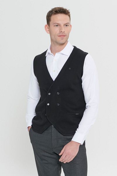 ALTINYILDIZ CLASSICS Men's Black Standard Fit Regular Cut Double Breasted Collar Knitwear Vest
