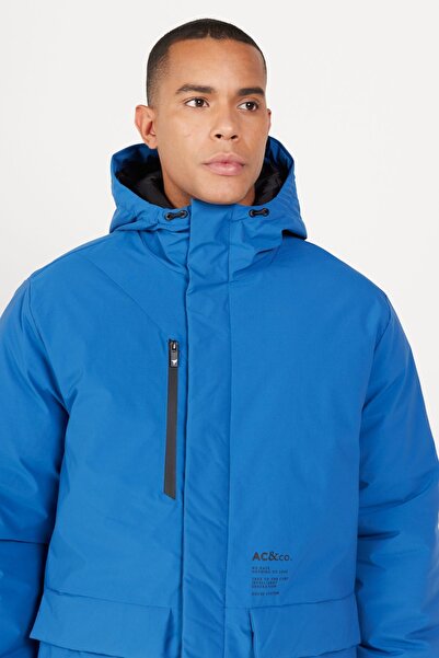 AC&Co / Altınyıldız Classics Férfi Saks kapucnis, állógallér, normál illeszkedés, meleg szélálló kabát