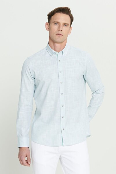 ALTINYILDIZ CLASSICS Men's Khaki Slim Fit Narrow Cut Button Collar Linen Look 100% Cotton Flared Shirt