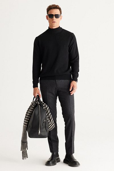 ALTINYILDIZ CLASSICS Schwarzer Herrenpullover aus Baumwollstrick – halber Rollkragen, Standardpassform