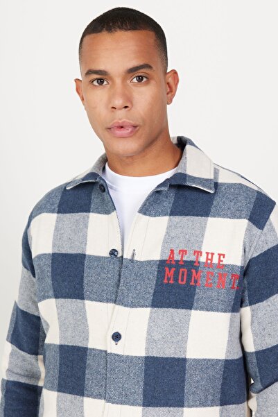 AC&Co / Altınyıldız Classics Pánská károvaná košile s klopou a knoflíkem v námořnické modro-béžové vlně Comfort Fit