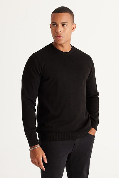 ALTINYILDIZ CLASSICS Schwarzer Herren-Strickpullover aus Baumwolle mit Standard-Passform und normalem Schnitt und Rundhalsausschnitt