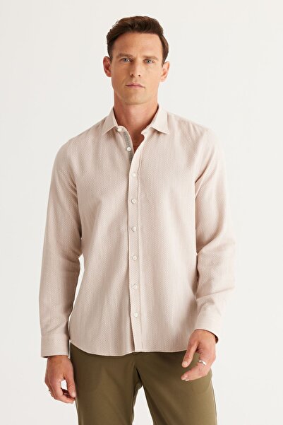 ALTINYILDIZ CLASSICS Ανδρικό πουκάμισο 100% βαμβακερό κλασικό γιακά με στενή εφαρμογή σε μπεζ λεπτή εφαρμογή