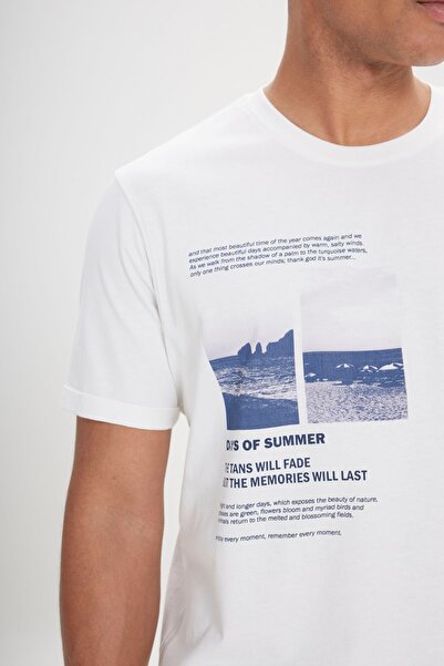 AC&Co / Altınyıldız Classics Weißes Herren-T-Shirt mit normaler Passform und normaler Passform aus 100 % Baumwolle mit Rundhalsausschnitt