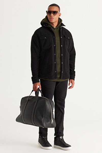 AC&Co / Altınyıldız Classics Pánská fleecová mikina s límcem a kapsičkou Standard Fit v černém khaki střihu