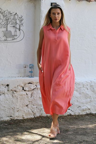Chiccy Salmon Colored Shirt Collar Sleeveless Cotton Casual Dress - Double Pocket and Washable