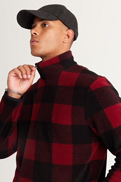 AC&Co / Altınyıldız Classics Erkek Bordo-siyah Standart Fit Normal Kesim Dik Bato Yaka Polar Sweatshirt