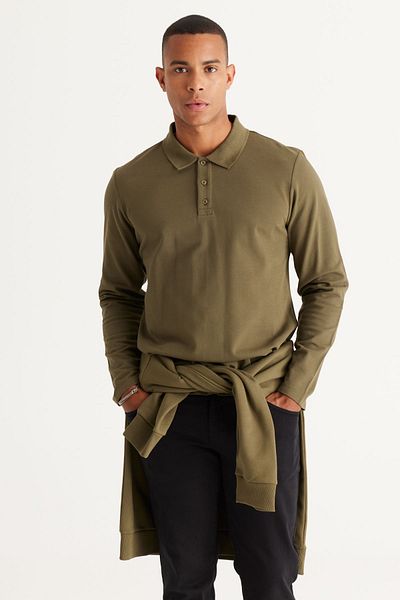 AC&Co / Altınyıldız Classics Pánska mikina s jednoduchým strihom a 3 vláknami v khaki štandardnom strihu fleece vo vnútri 100 % bavlna Polo golier