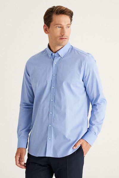 ALTINYILDIZ CLASSICS Men's Blue Slim Fit Narrow Cut Button Collar Patterned Shirt