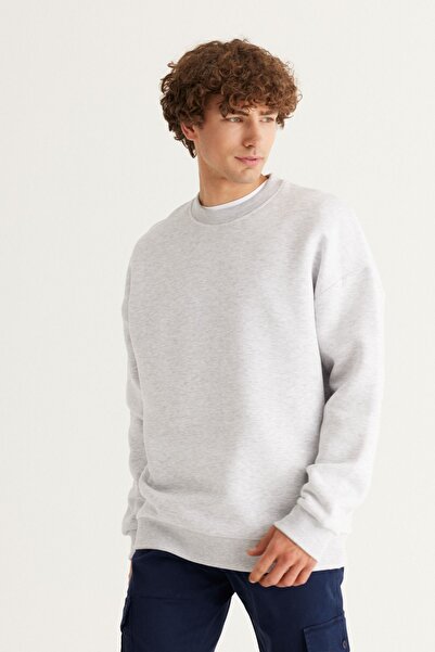 AC&Co / Altınyıldız Classics Men's Oversize Fleece Cotton Sweatshirt - Crew Neck, 3 Thread, Snow Melange