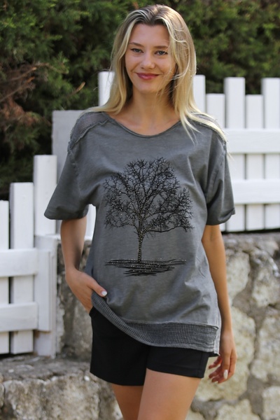 Chiccy Anthracite Tree Printed Pool Collar Casual Blouse - Short Sleeve and Mesh Detailed Skirt