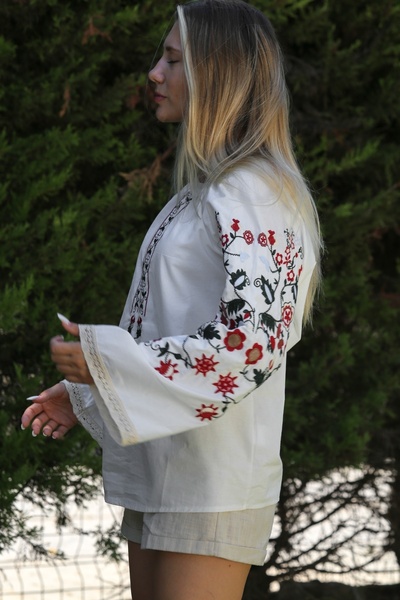 Chiccy White Long Sleeve Casual Blouse with Embroidery Detail - Placket Collar