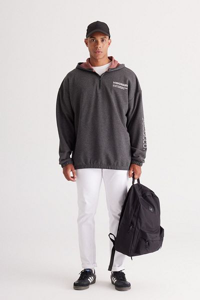 AC&Co / Altınyıldız Classics Ανδρικό φούτερ Oversize Fleece Anthracite-Melange με κουκούλα με στάμπα - 3 κλωστές