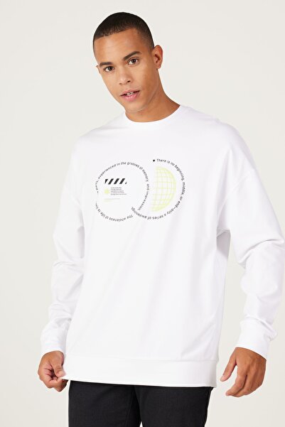 AC&Co / Altınyıldız Classics Pánská bílá oversize mikina s volným střihem a výstřihem z bavlny s potiskem