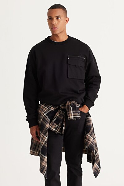 AC&Co / Altınyıldız Classics Men's Black Oversize Loose Cut Fleece Thread Crew Neck 100% Cotton Sweatshirt