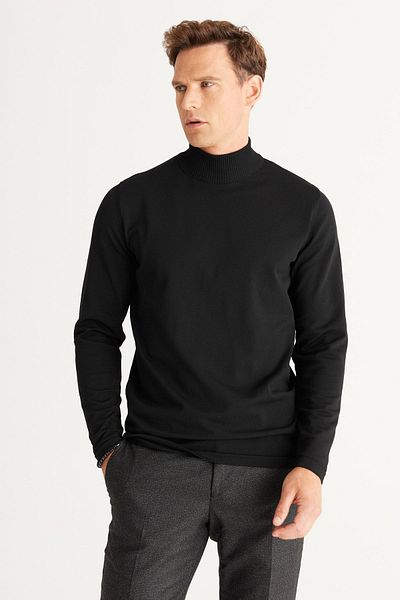 ALTINYILDIZ CLASSICS Pulover pentru bărbați, negru, cu croială standard, cu croială normală, pe jumătate cu gât țesut