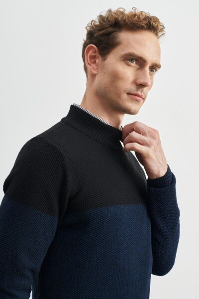 ALTINYILDIZ CLASSICS Men's Petrol-black Standard Fit Regular Cut Half Turtleneck Double Color Knitwear Sweater