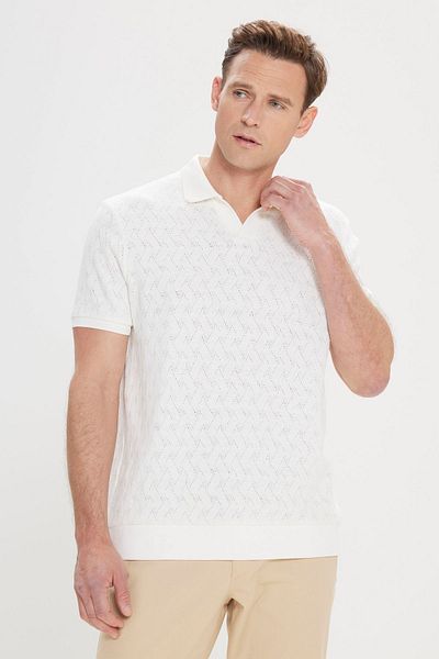 AC&Co / Altınyıldız Classics Pánské tričko Ecru Comfort Fit uvolněného střihu z bavlny s diamantovým vzorem Polo límec