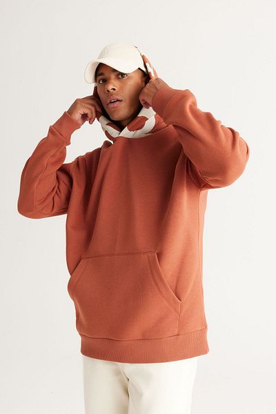 AC&Co / Altınyıldız Classics Ανδρικό ανοιχτό καφέ oversize φούτερ με κουκούλα, βαμβακερή κουκούλα και φλις εσωτερικά
