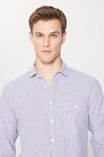 AC&Co / Altınyıldız Classics Ανδρικό ριγέ πουκάμισο σε μπλε-λευκό λινό Comfort Fit Classic γιακά