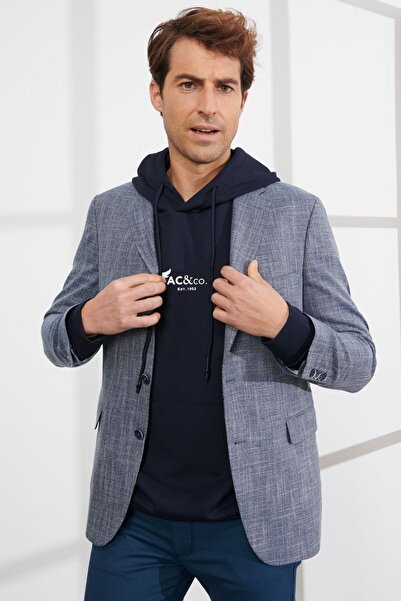 ALTINYILDIZ CLASSICS Чоловічий синій піджак з однобортним коміром з візерунком з комфортного приталеного крою