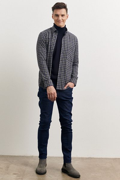 AC&Co / Altınyıldız Classics Grau-marineblaues, schmal geschnittenes Holzfällerhemd mit Gingham-Knopfkragen und schmaler Passform für Herren