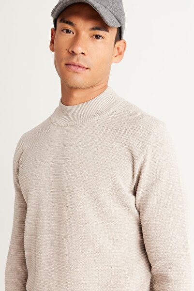 AC&Co / Altınyıldız Classics Ανδρικό πλεκτό πουλόβερ με βαμβακερό σχέδιο με μισό ζιβάγκο με κανονική εφαρμογή σε μπεζ μελανζέ