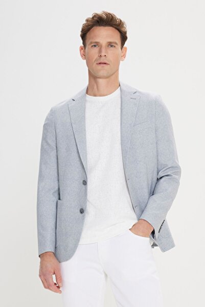 ALTINYILDIZ CLASSICS Grau-blaue Slim-Fit-Blazerjacke für Herren – 360-Grad-Stretch, Monokragen