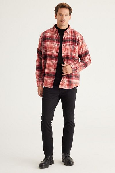 ALTINYILDIZ CLASSICS Men's Red-black Comfort Fit Relaxed Cut Button Collar Plaid Patterned Flannel Shirt