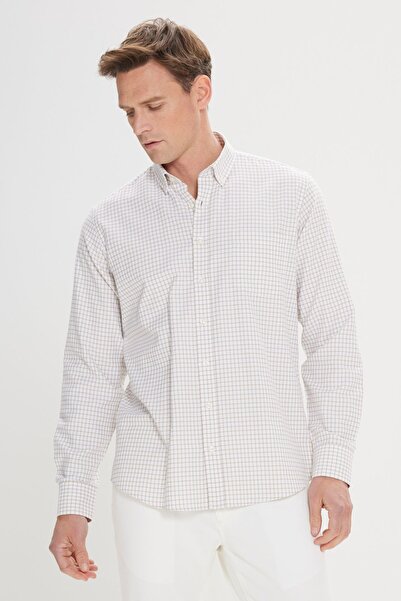ALTINYILDIZ CLASSICS Férfi fehér-bézs Easy-Iron Slim Fit Slim Fit gombos galléros Seersucker mintás ing