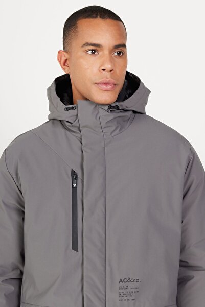 AC&Co / Altınyıldız Classics Ανδρικό παλτό μεγάλου μεγέθους με γκρι κουκούλα γιακά κανονική εφαρμογή