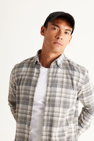 ALTINYILDIZ CLASSICS Men's Grey-White Slim Fit Slim Fit Buttoned Collar Cotton Plaid Patterned Flannel Lumberjack Shirt