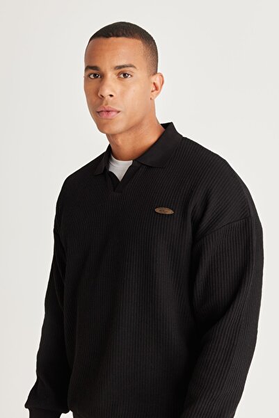 AC&Co / Altınyıldız Classics Men's Black Loose Fit 3 Thread Polo Collar Jacquard Sweatshirt with Fleece Inside