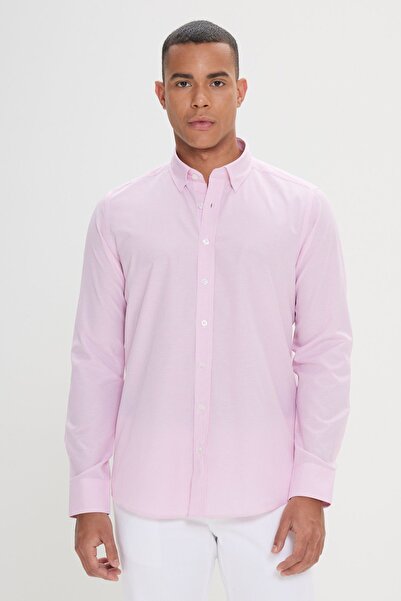 AC&Co / Altınyıldız Classics Ανδρικό Λευκό-Ροζ Slim Fit Slim Fit Κρυφό Κουμπί γιακά Βαμβακερό ριγέ πουκάμισο