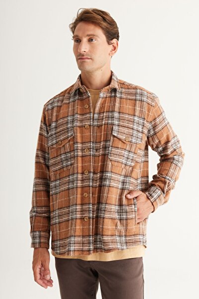 AC&Co / Altınyıldız Classics Men's Mink Oversize Loose Cut Button Collar Plaid Winter Shirt Jacket