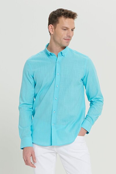 AC&Co / Altınyıldız Classics Ανδρικό πουκάμισο με λαιμόκοψη με κουμπιά από 100% βαμβακερό ύφασμα που αναπνέει