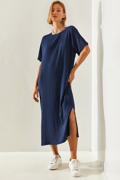 Bianco Lucci Damenkleid, Minigröße Crinkle 164, kurze Ärmel und Schlitzdetail60251424