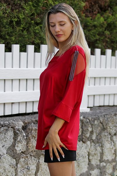Chiccy Bluză casual cu mânecă liliac din tul roșu cu bijuterii