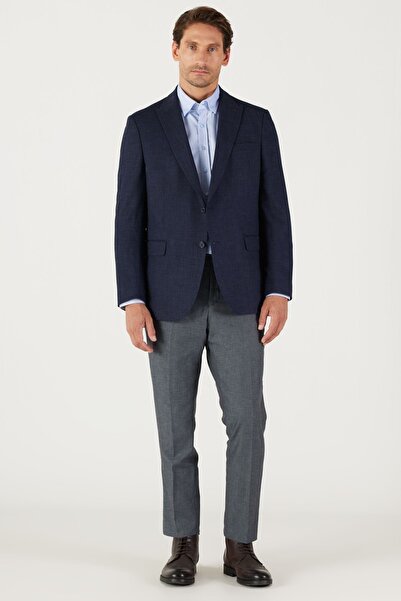 ALTINYILDIZ CLASSICS Erkek Lacivert Comfort Fit Rahat Kesim Kırlangıç Yaka Armürlü Ceket