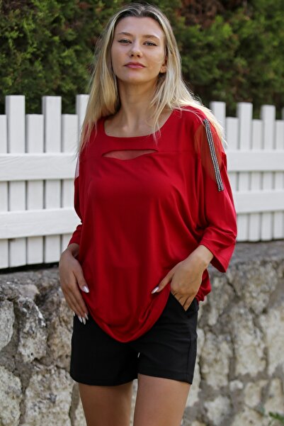 Chiccy Red Jewelled Tulle Bat Sleeve Pool Collar Casual Blouse