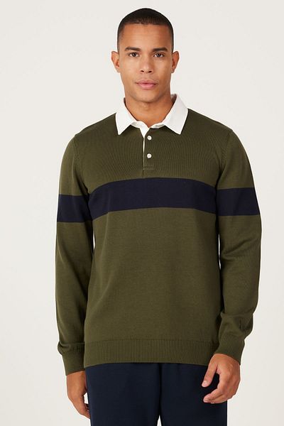 AC&Co / Altınyıldız Classics Men's Khaki-Navy Blue Standard Fit Regular Cut Polo Collar 100% Cotton Patterned Knitwear Sweater