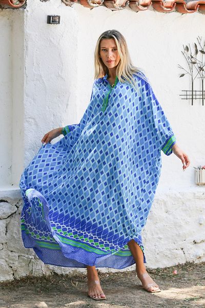Chiccy Albastru deschis - Rochie casual cu croiala larga imprimata, cu guler predominant si nasturi la maneca liliac