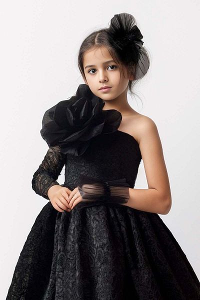 Riccotarz Black Girl's Dress with Single Sleeve and Flower Brooch and Lace Detail