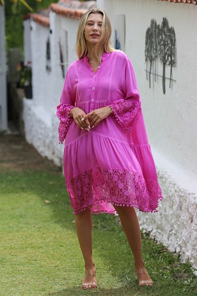 Chiccy 3/4 Sleeve Button and Lace Skirt Chief Collar Candy Pink Casual Dress