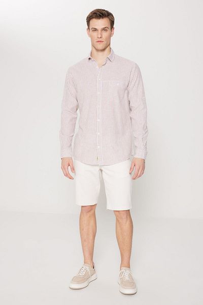 AC&Co / Altınyıldız Classics Ανδρικό πουκάμισο από λινό Comfort Fit - Καφέ-Λευκό ριγέ, Χαλαρή εφαρμογή, Κλασικός γιακάς