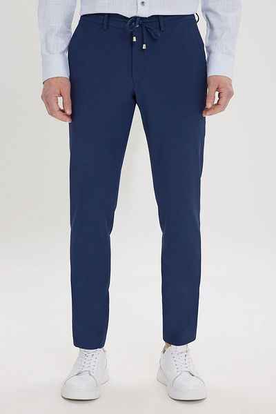 AC&Co / Altınyıldız Classics Ανδρικό μπλέ Navy Slim Fit Slim Fit Tie-Up Πλαϊνό παντελόνι Seersucker με σχέδιο