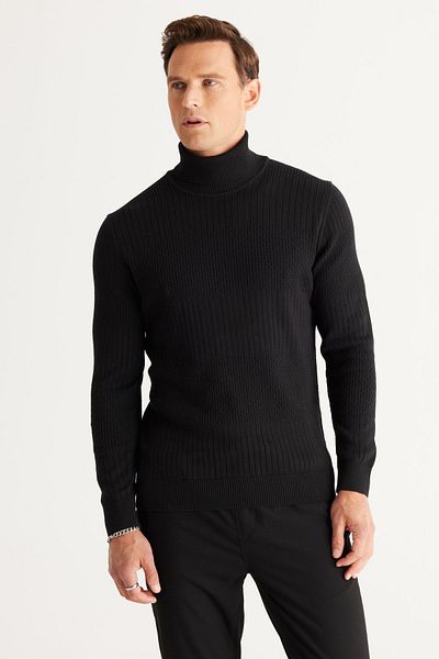 AC&Co / Altınyıldız Classics Men's Black Standard Fit Regular Cut Full Turtleneck Cotton Jacquard Knitwear Sweater